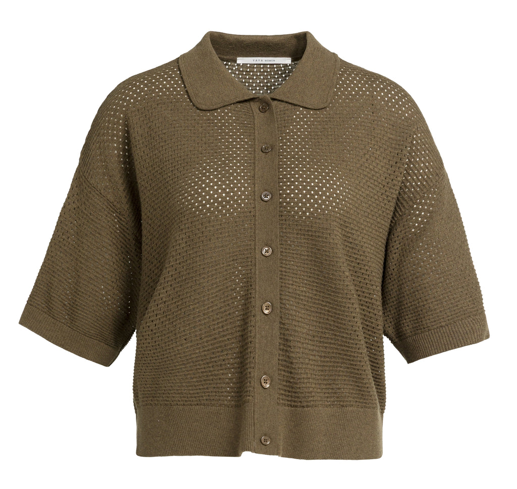 OPEN KNIT CARDIGAN WITH COLLAR AND SHORT SLEEVES