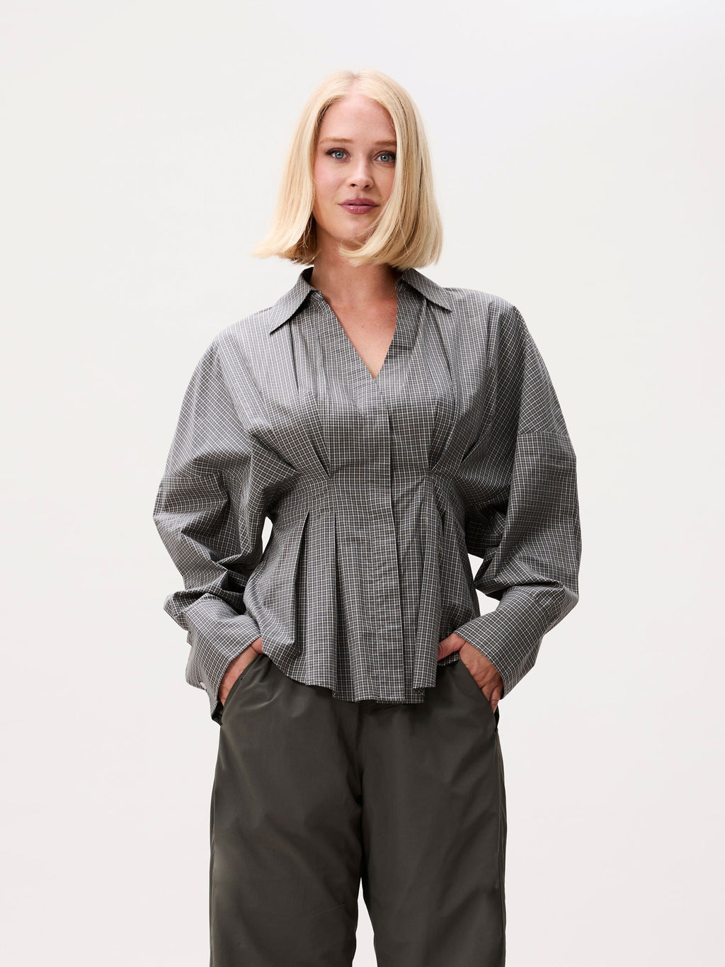CHECK BLOUSE WITH WAIST PLEATS
