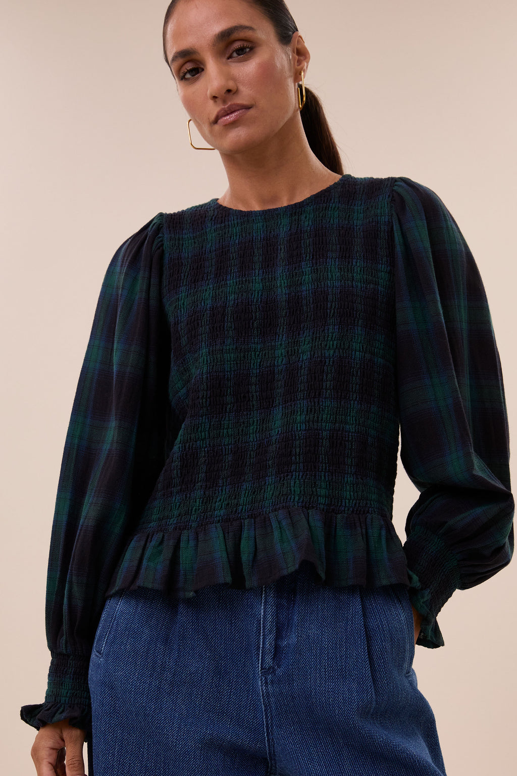 YENA GREEN CHECK BLOUSE